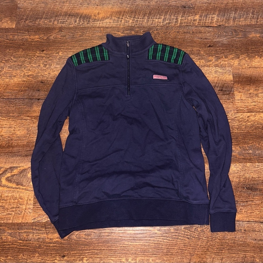 Vineyard Vines Plaid Shep Pullover Navy & Green Quarter Zip Size XS
